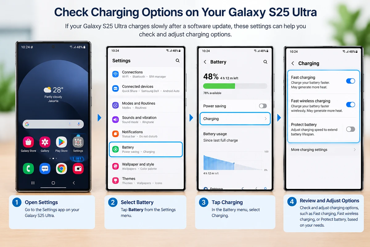 Galaxy S25 Ultra battery settings illustrating how to check fast charging and battery protection.