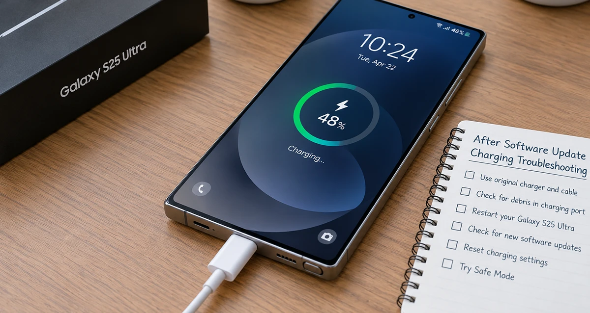 Samsung Galaxy S25 Ultra connected to a USB-C charger with a charging problem after a software update.