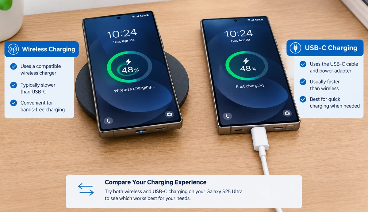 Samsung Galaxy S25 Ultra placed on a wireless charging pad to test charging functionality.